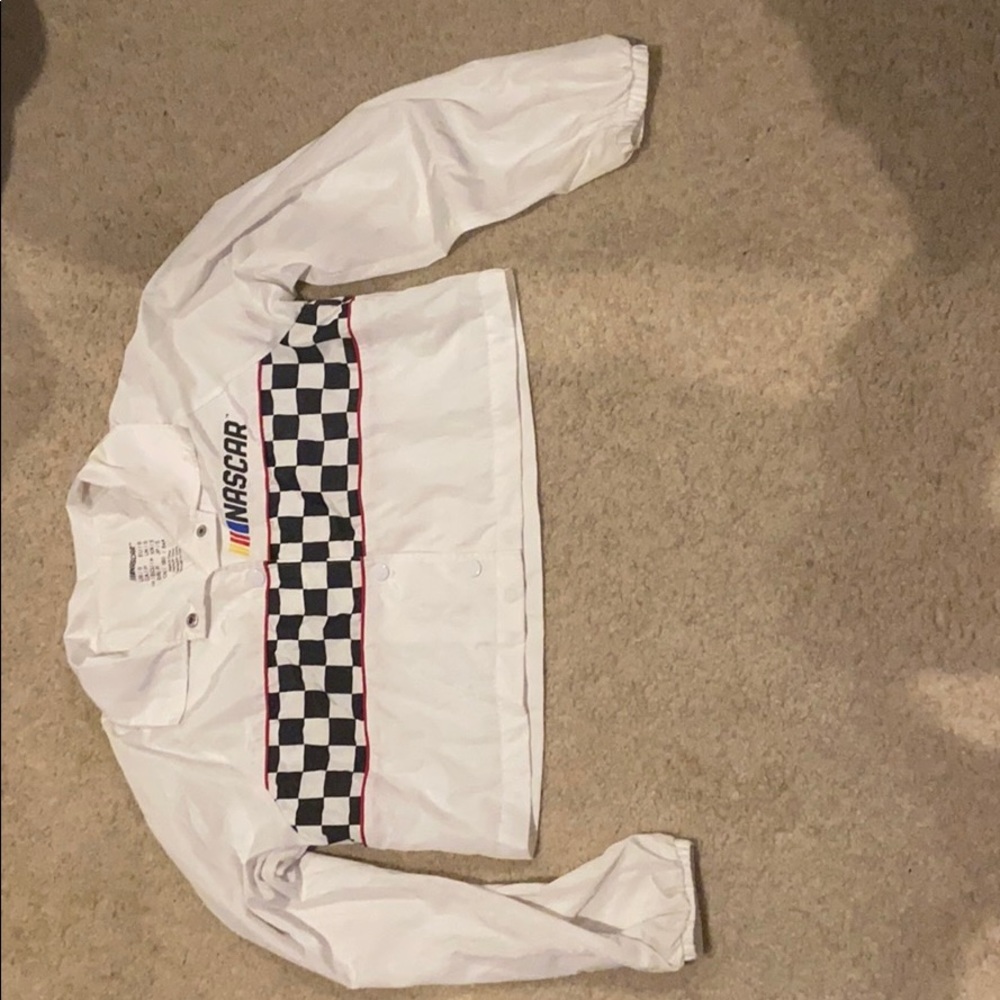 White, black and red nascar crop top jacket